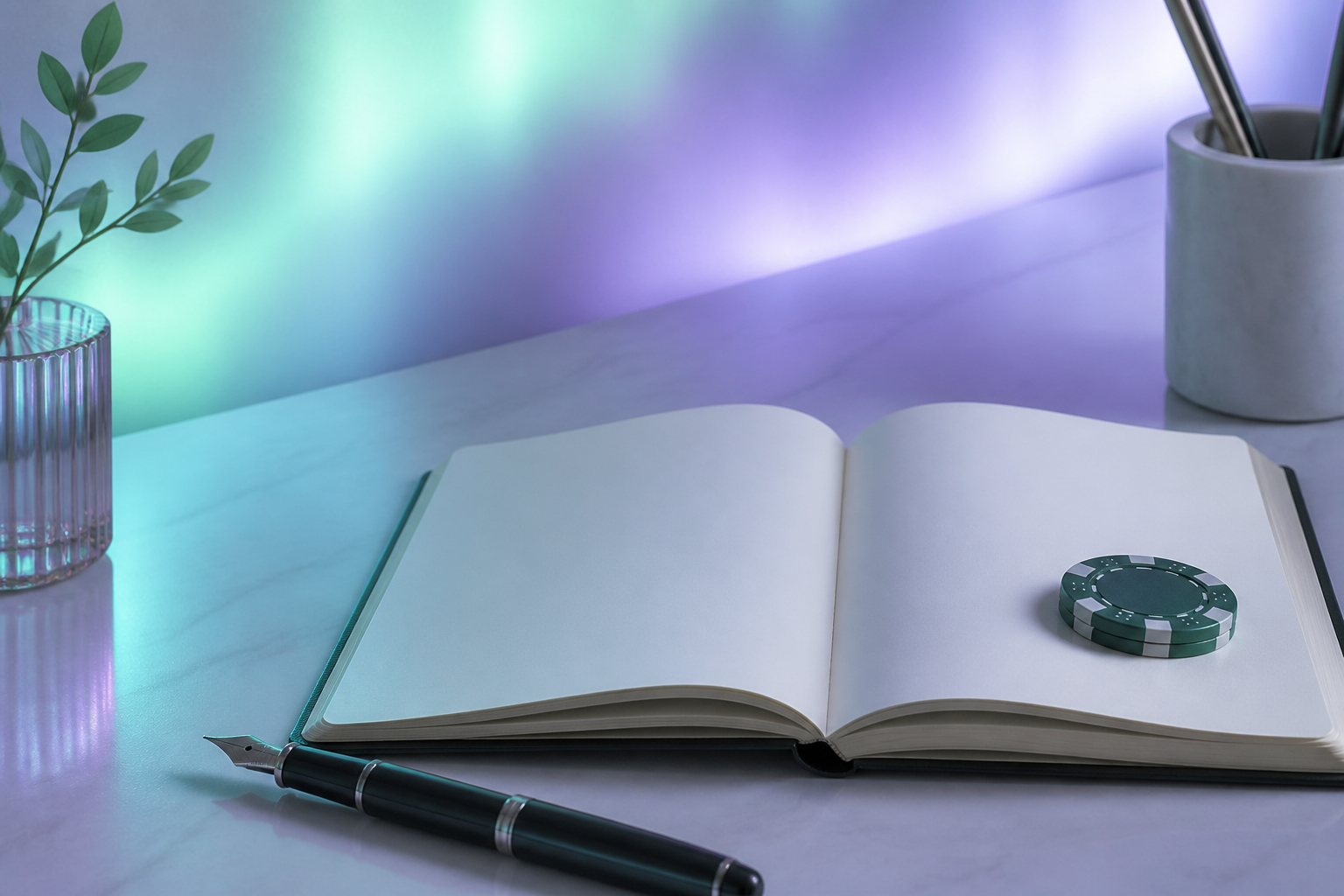 Writing desk with pen, notebook and a single chip